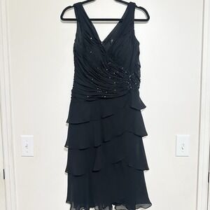 Ignite Evenings Black Chiffon Beaded Layered Ruffles Cocktail Midi‎ Dress 10